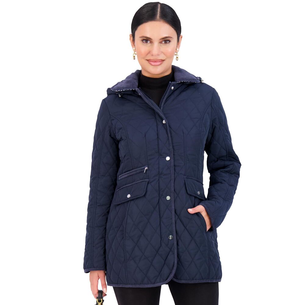Jones New York Mid-Length Women's Quilted Jacket with, Deep Navy, Size 2X